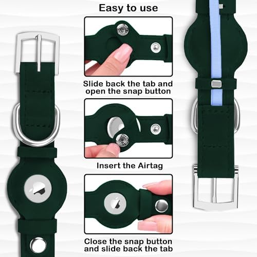Leather Dog Collar with Airtag Holder - Apple Air Tag Dog Collars - Soft Tracking GPS Pet Collar for Small Medium Large Dogs Breed Puppy (Green, S, 9"-12" Neck Fit)