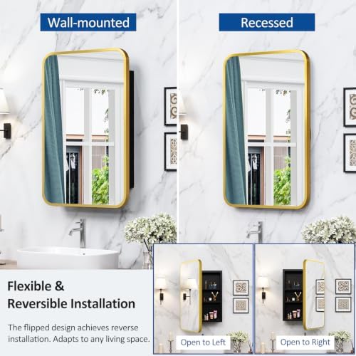 ACEMIRO 16x24 Inch Mirror Medicine Cabinet for Bathroom Gold Metal Frame Bathroom Medicine Cabinet with Mirror Recessed or Wall Mounted