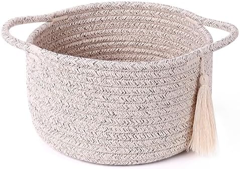 Small Gift Basket Empty to Fill, Gift Bag & Ribbon, Natural Beige | Cute Decorative Mini Woven Rope Basket with Handles for Gifting; Reusable for Bathroom Counter or Desk Catchall, 8 x 4.7 in