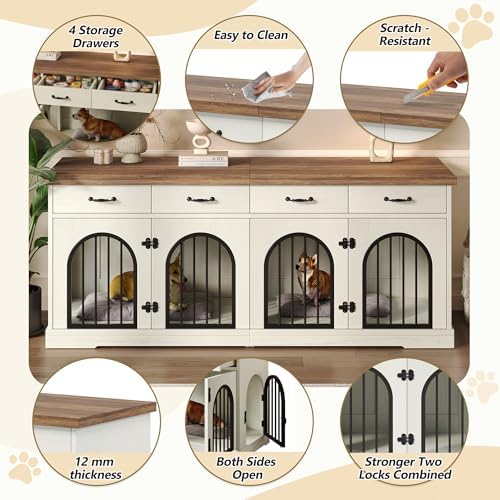 70.8" Large Dog Crate Furniture with Removable Divider/4 Storage Space | Multi‑Purpose Indoor Dog Kennel Works As Tv Stand End Table,Six Access Doors,For Small Medium Multi‑Dog Households
