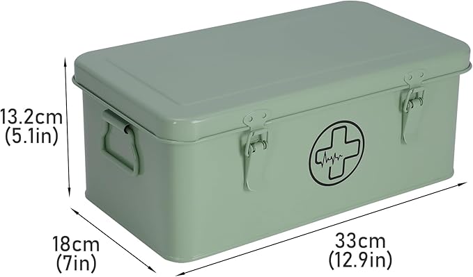 First Aid Medicine Box, First Aid Kit Supplies Bin, Metal Medicine Storage Tin, First Aid Empty Box with Safety Lock for Home Emergency Tool Set-Green