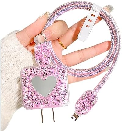 DIY Cable Protector Compatible for Apple iPhone Charger with Mirror,Cute Glitter Bling Love Heart Design,Data Line USB Case Wire Cable Saver Phone Charger Protector for iPhone (Pink)