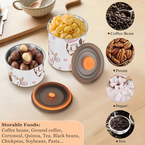 Cute Cartoon Cows Coffee Canister with Lid Airtight Food Storage Containers 17oz Stainless Steel Canisters Kitchen Food Organizer for Beans, Cereal, Pasta, Flour, Sugar, Snacks