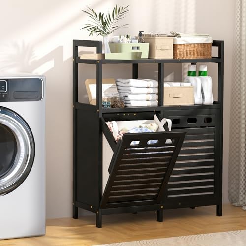 VASMIA Tilt Out Laundry Hamper Cabinet, Bamboo Double Laundry Hamper with 2 Removable Laundry Baskets, 20 Gal Laundry Sorter Organizer with Shelf for Dirty Clothes, Bathroom, Laundry Room, Natural