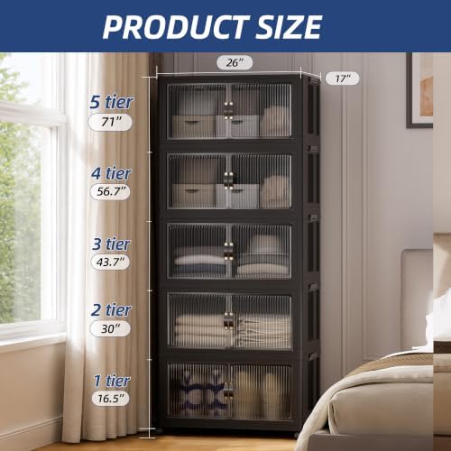 SAILUN 580Qt Stackable Storage Bins,Storage Cabinet with a Lid,5 Pack Black