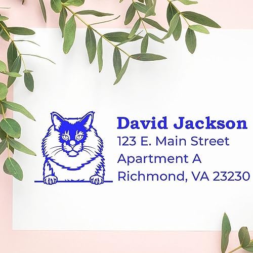 Peeking Maine Coon Cat Wood Handle Address Stamp - 4 Lines of Custom Text | Personalized to your text. Return Address Stamp for Maine Coon Cat Lovers. Customized Address Stamp for Pet Owners.