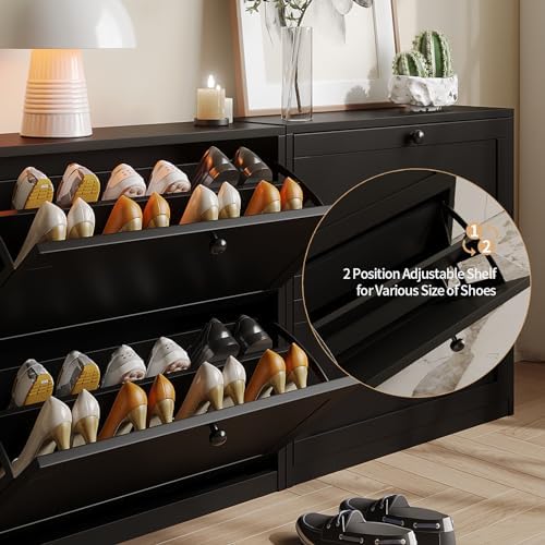 VOWNER Shoe Cabinet with 2 Flip Drawers, Freestanding Shoe Storage Cabinet with Adjustable Shelf & Anti-Tipping Device, Shoe Rack for Entryway, Hallway, Living Room (Black)