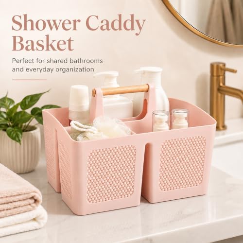 Haundry Portable Shower Caddy Basket with Handle, 3-Compartment Plastic Bathroom Organizer, Dorm Shower Basket for College Students, Quick Drain Storage Tote for Toiletries, Camping, Gym, RV