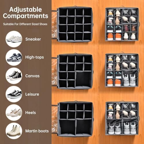 INSTY 2 Pack Shoe Organizer for Closet, Fits up to 32 Pairs, Adjustable Dividers for Shoe Storage, Fabric Shoe Storage Bins with Clear Cover, Grey