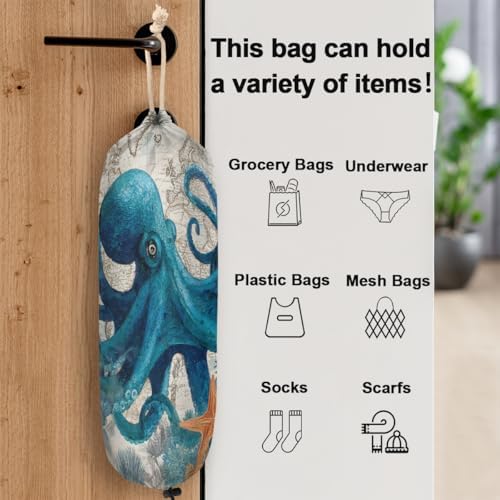 Pardick Plastic Bag Holder, Vintage Ocean Octopus Grocery Bag Holder for Shopping Bags, Wall Mount Plastic Bag Storage Organizer Dispenser, Storage Holder for Home Kitchen Camper,A-7
