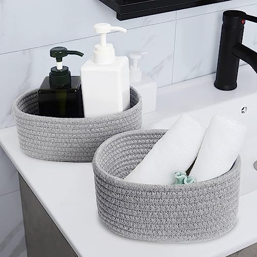 【2 Pack】ABenkle Small Woven Baskets, Tiny Oval Shallow Storage Baskets, Mini Cotton Rope Empty Decorative Basket, Boho Little Organizer Bins for Bathroom, Cat Dog Toy Gifts Baskets
