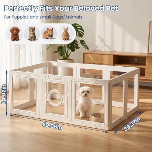 LEVELEVE Clear Acrylic Dog Playpen Indoor, Small Pet Play Pen for Puppy Cat Rabbit, Portable Dog Fence Crate Kennel Whelping Cage, 24" Height, White, 10 Panels