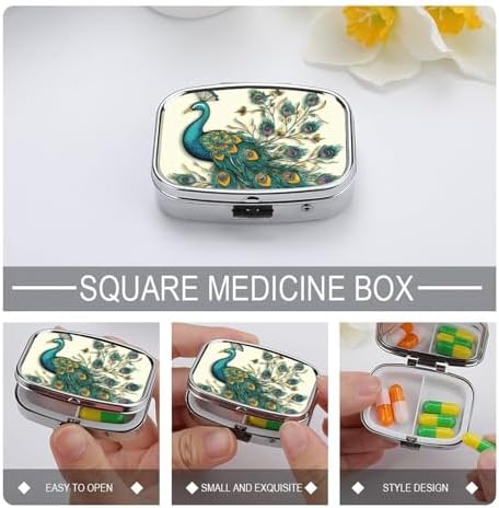 Pill Organizer, Portable Pill Box, Travel 7 Day Pillcase Peacock Pattern Medicine Organizer 2 Compartments Medicine Container for Vitamins, Medications, Fish Oil and Supplements