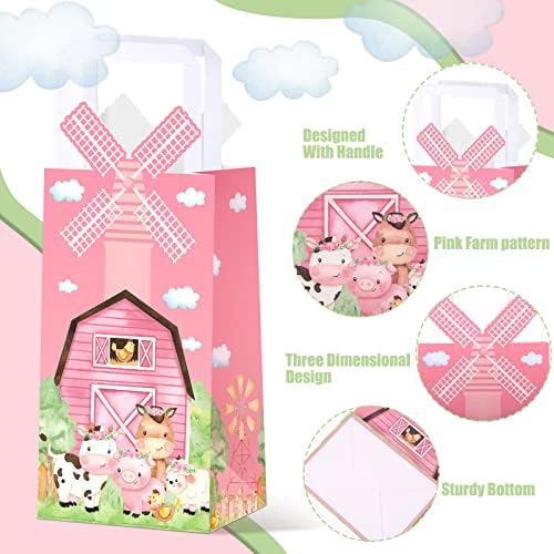16 Pcs Pink Farm Animal Party Favor Bags Kraft Paper Goodie Bags with Handle 3D Pinwheel Double-sided Printing Treat Bag for Birthday Gender Reveal Barnyard Farm Themed Party Supplies
