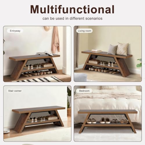 2-Tier Shoe Storage Bench, 47" Solid Wood Entryway Stool Storage | Narrow Shoes Racks for Entryway, Minimalist Multi-Purpose Bench for Hallway, Kitchen, Bedroom, or Dining Room