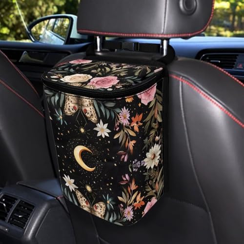 Daisy Moon Print Cars Trash Can with Lid Car Garbage Can Car Waste Basket, Leak-Proof Cars Trash Bin, Van Truck Trash Hanging Sedan Accessories Interior Organizer Bag