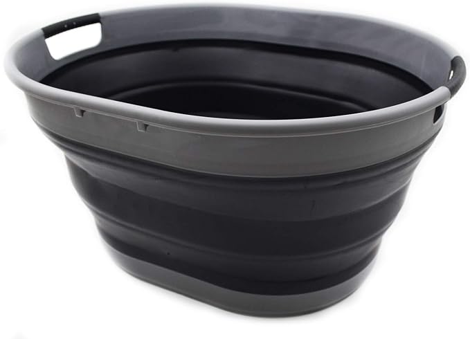 SAMMART 25L(6.6 Gallon) Collapsible Oval Laundry Basket-Foldable Storage Container/Organizer-Portable Washing Tub-Space Saving Hamper-Pet Bath Tub,Water Capacity 20L(5.28 Gallon) (Grey/Black)