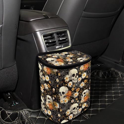 Daisy Skeleton Skull Print Car Trash Can with Lid Proof Organizer and Storage Bag Car Garbage Can with Adjustable Straps for Cars Truck,SUV