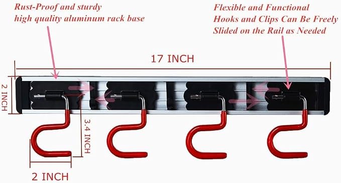 Wall Mounted Mop and Broom Holder, Stainless Steel, Red Black, 34 Inches, 8 Position Rack with 6 Hooks, S Type Organizer