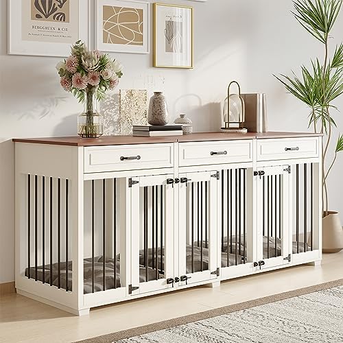 Dog Crate Furniture - Indoor Wooden Dog Kennel Furniture with 2 Dividers, 3 Drawers, and 3 Lockable Doors - 72"x23.6"x31.5"H, White