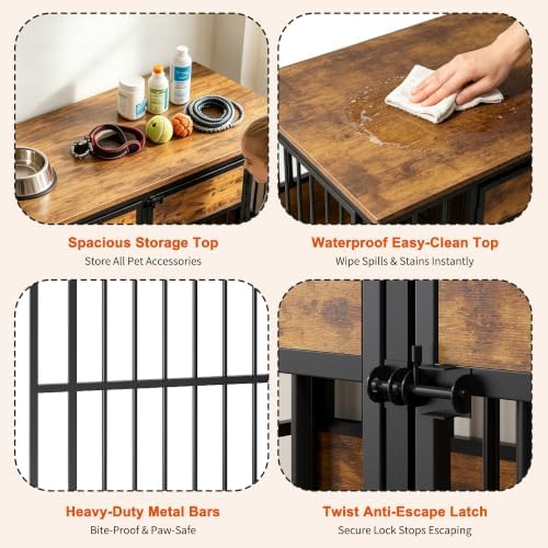 Semiocthome Dual Compartment Furniture Dog Crate, Antique Brown | Sturdy Metal Bars Dog Kennel with 4 Large Gates and Wood Storage Top, Indoor Pet Cage for Small and Medium Size Dogs