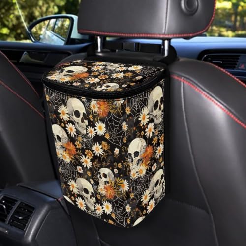 Daisy Skeleton Skull Print Car Trash Can with Lid Proof Organizer and Storage Bag Car Garbage Can with Adjustable Straps for Cars Truck,SUV