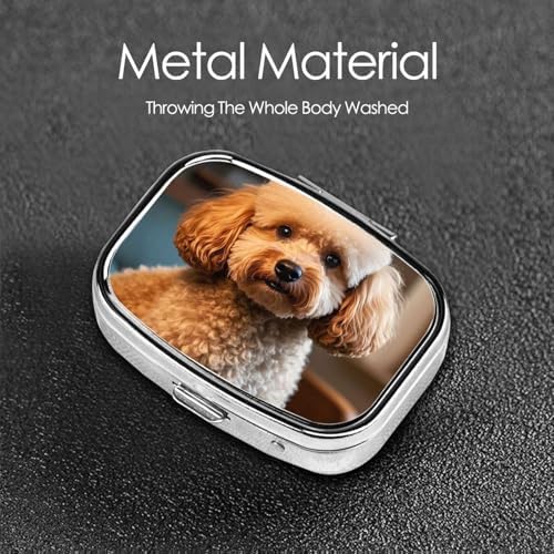 Pill Box with Mirror 2 Compartment Cute Pet Poodle Small Pill Case for Purse Or Pocket Mini Metal Pill Holder Travel Weekly Medicine Tablet Vitamin Holder Organizer Travel Gifts