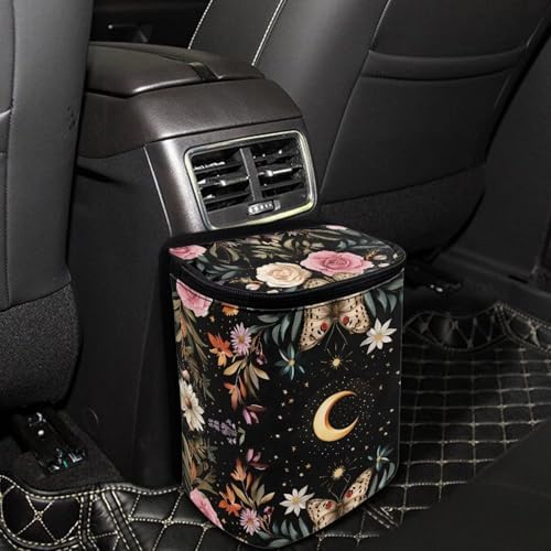 Daisy Moon Print Cars Trash Can with Lid Car Garbage Can Car Waste Basket, Leak-Proof Cars Trash Bin, Van Truck Trash Hanging Sedan Accessories Interior Organizer Bag
