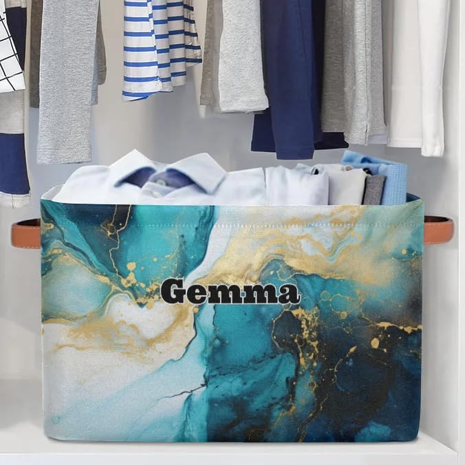 Personalized Storage Bins, Customized Name Storage Basket Rectangle Clothes Organizer for Organizing Kids and Pets Toys Shelf Closet, Blue Cream Marble Texture