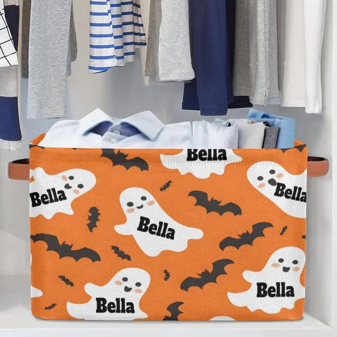Personalized Storage Basket with Name, Halloween Ghost with Bat Orange Background Rectangle Toys Pet Dog Storage Bin with Handles for Baby, Boys, Girls, Collapsible Basket for Clothes, Books