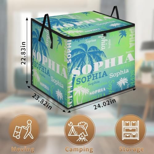 Personalized Name Large Storage Basket with Lid, Canvas Storage Bins Quilt Clothes Organizer for Bedroom, Kitchen, Bathroom, Nursery, Shelves, Closets, Blue White Trees Gradient Lime Yellow Blue