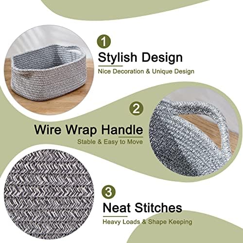 OIAHOMY 3 Pack Storage Baskets for Shelves Cotton Rope Storage Bins Grey | Woven Baskets for Storage Nursery Storage Basket with Handles Baskets for Organizing Small Baskets Gift Baskets Empty