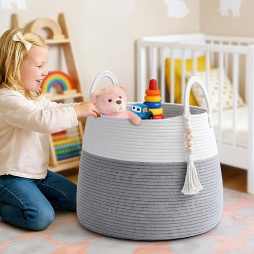 Large Nursery Hamper, 60L Blanket Basket with Handle, Baby Laundry Basket for Gift, Toy, Clothes, Woven Storage Basket with Wooden Bead Decor, Baby Hamper for Nursery (Grey)