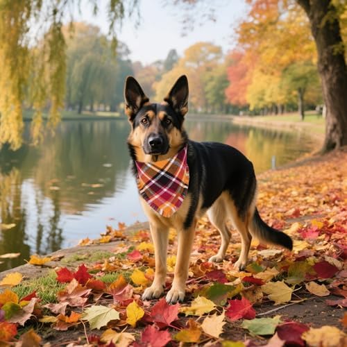 ADOGGYGO Fall Thanksgiving Dog Bandana, Autumn Plaid Dog Scarf, X-Large