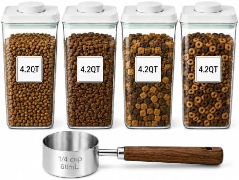 Pet Dog-Cat Airtight Food Storage-Container - 4.2Qt/4L jar(4Pc) with lid and 1/4Cup scoop | Holds 12–20 pounds of dry pet food | BPA-Free