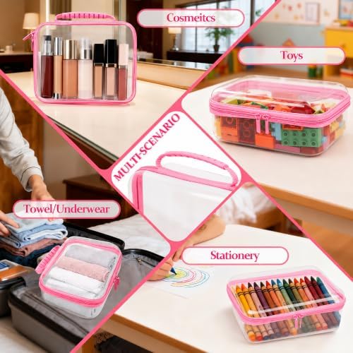 3 PCS Clear Zipper Pouches with Handle, Diaper Bag Organizer, Clear Makeup Bags Hardshell Toy Storage Bins with Zipper Toiletry Pouch Bag for Cosmetics Pencils Puzzles, Building Blocks(Pink)
