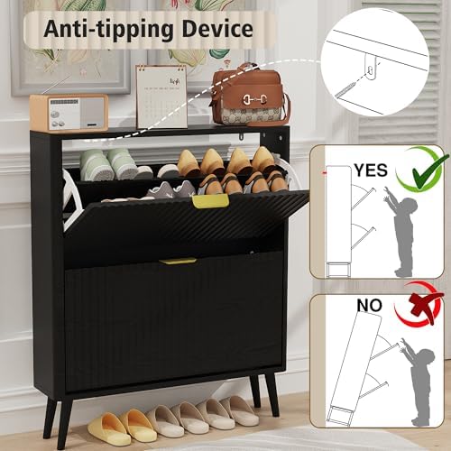 KIGOTY Narrow Shoe Storage Cabinet, Shoe Cabinet with 2 Flip Drawers, Freestanding Shoe Organizer with Legs for Entryway, Slim Shoe Rack Cabinet for Enterway (Black-Gold, 2 Flip Drawer)