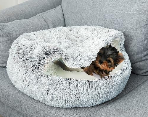 Dog Cave Bed for Small Dogs Cats Pets, Anti Anxiety Calming Plush Dog Beds, Fluffy Covered Hooded Cozy Burrow Puppy Beds, Anti-Slip Bottom Washable Pet Sleeping Bag (20" D, Grey)