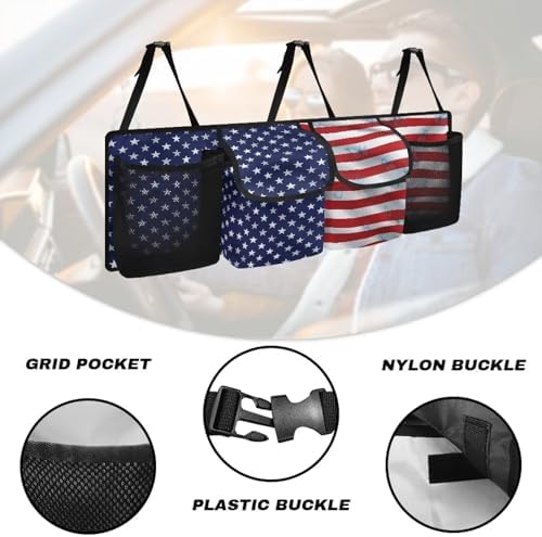 Dreaweet American Flag Trunk Hanging Organizer Backseat Bag Car Storage Accessories with 2 Pockets & 2 Mesh Pouches for Groceries Universal Car Trunk Storage Organizer for SUV Truck Minivan