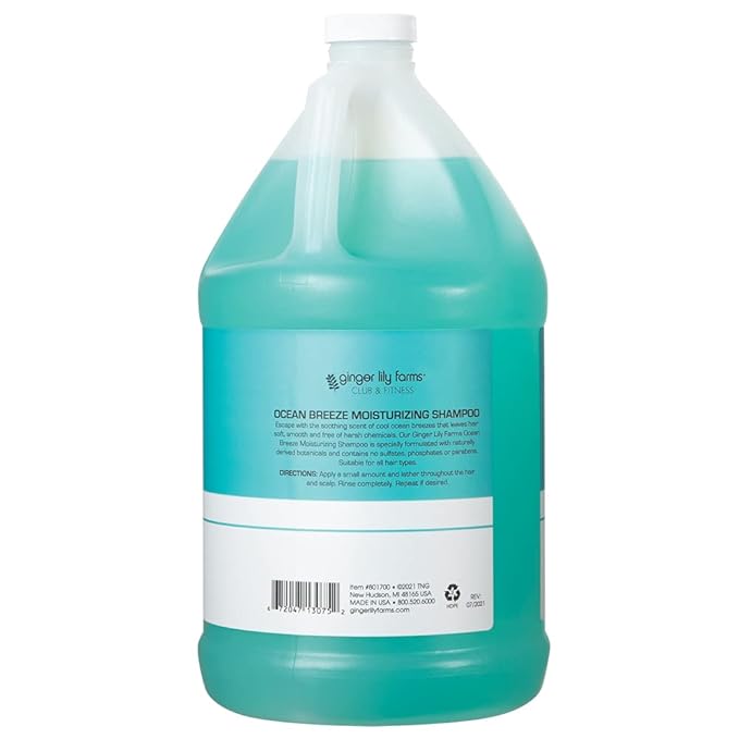 Ginger Lily Farms Club & Fitness Moisturizing Shampoo for All Hair Types, 100% Vegan & Cruelty-Free, Ocean Breeze Scent, 1 Gallon Refill (Pack of 4)