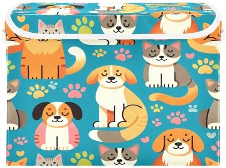 Dogs and Cats Storage Basket with Lid Collapsible Storage Bin Fabric Box Closet Organizer for Home Bedroom Office 1 Pack