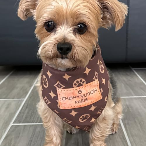 Chewy Vuiton Dog Bandana Designer Fashion Scarf Kerchief for Small Medium and Large Dogs, Funny Parody Gift for Girl or Boy Dog, Soft Durable Fabric, Adjustable Tie-On Style Triangle