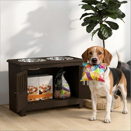 Modern Style Dog Feeding Station, pet Feeding Station Pet Food Storage Cabinet with Elevated Bowls and Dog Food Station Sealed Container, Space-Saving Organizer for Dry Kibble and