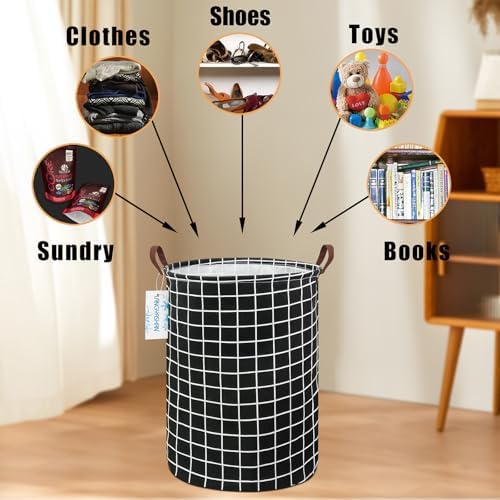 Round Laundry Basket Collapsible Storage Hamper Organizer Black Grid | Waterproof Canvas Foldable Baskets with sturdy Handles Multi-scene Organizer for Home Play Bedroom Gift Bin