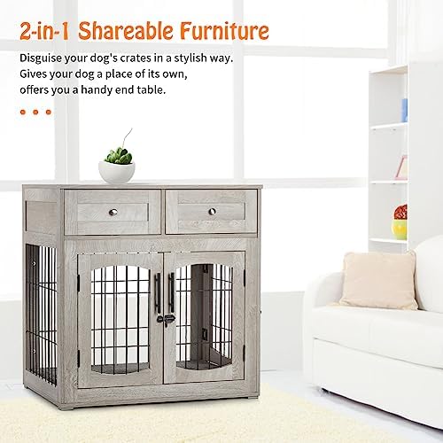 40'' Wooden Dog Crate Furniture, Farmhouse Dog Kennel Indoor Furniture Style Dogs Crate Table with 2 Drawers for Small, Medium & Large Dogs Grey