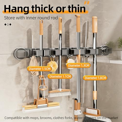 Duty Aluminum Suction Broom Holder for Bathroom Garage Without Drilling Needed Multi Hook Bathroom Planner