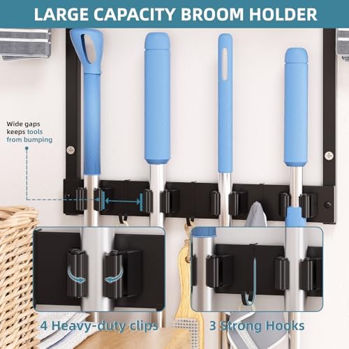Wall Mount Broom Mop Holder | Cleaning Organizer, Storage Shelf