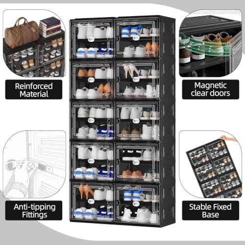 Black Shoe Storage Cabinet for 24 Pairs with Magnetic Clear Doors | Tool-free Assembly, Foldable Shoe Rack, Reinforecd Structure, Anti-Tiping, Furniture for Shoe Organizer, Closet, Garage