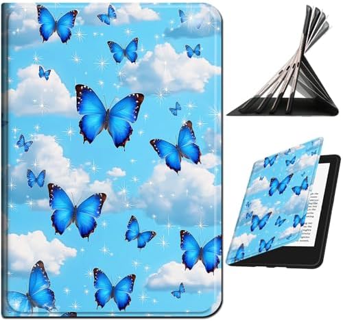 for Samsung Galaxy Tab A9 8.7 Inch 2023 (SM-X110/X115/X117) Case | Slim Leather Smart Cover with Multi-Angle Anti-Slip Stand [Auto Wake/Sleep] Shell for Women Men - Blue Butterfly White Cloud