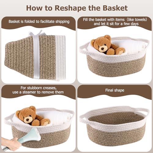 Small Woven Basket, 12" x 8" x 5" Gift Basket Empty with Ribbon and Gift Bag, Rope Basket for Baby Shower, Holiday Presents,Storage Basket with Handle for Nursery,Pet Toy Basket (White-Brown)